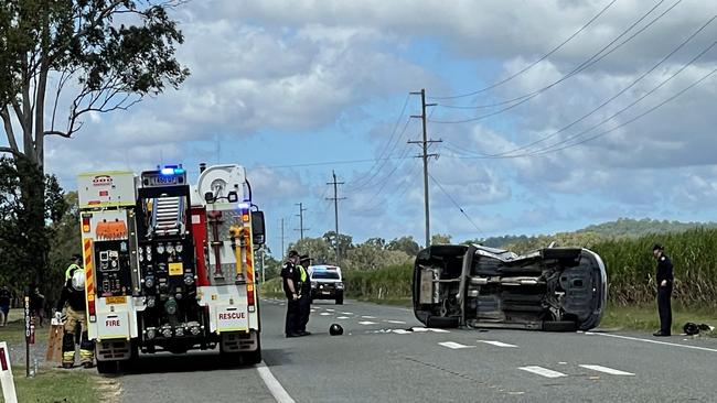 Emergency services clean up the scene of a two-vehicle crash on the Bruce Highway at Koumala on April 18, 2022. Picture: Janessa Ekert