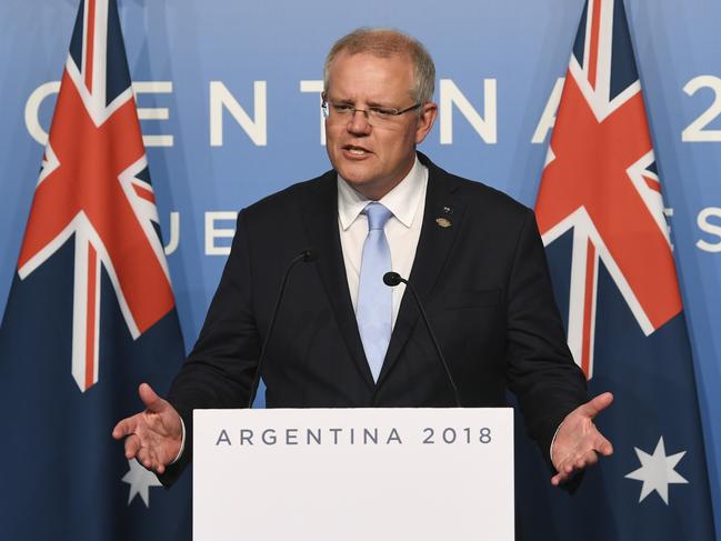 Australian Prime Minister Scott Morrison speaks to the media during a press conference at the G20 summit in Buenos Aires, Argentina, Friday, November 30, 2018. The leaders of the world's largest economies arrived in Buenos Aires on Thursday for the first G20 summit to be held in South America. (AAP Image/Lukas Coch) NO ARCHIVING