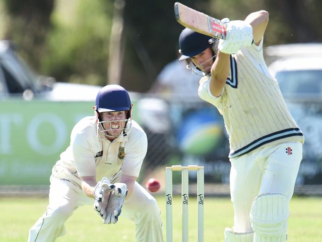 Baxter batsman Daniel Warwick plays a shot against Mt Eliza in the 2016-17 grand final.