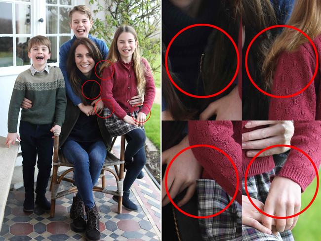Britain's Catherine, Princess of Wales with her children, alongside a version highlighting several inconsistencies in alignments after it came to light that the handout had been manipulated. Picture: Prince of Wales / KENSINGTON PALACE / AFP