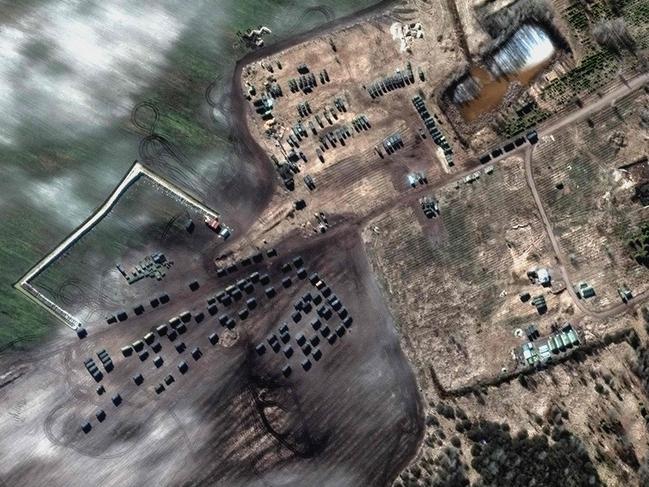 A satellite image shows ground forces massing in Khilchikha, Belarus. Picture: AFP