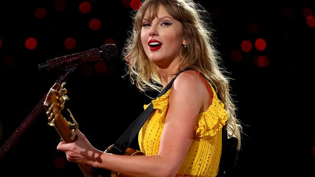 MELBOURNE, AUSTRALIA - FEBRUARY 16: EDITORIAL USE ONLY. NO BOOK COVERS Taylor Swift performs at Melbourne Cricket Ground on February 16, 2024 in Melbourne, Australia. (Photo by Graham Denholm/TAS24/Getty Images for TAS Rights Management)
