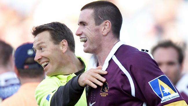 Craig Bellamy, pictured with Ben Ikin in 2000, spent five years with the Broncos from 1998-2002 before joining the Storm. Picture: David Kapernick