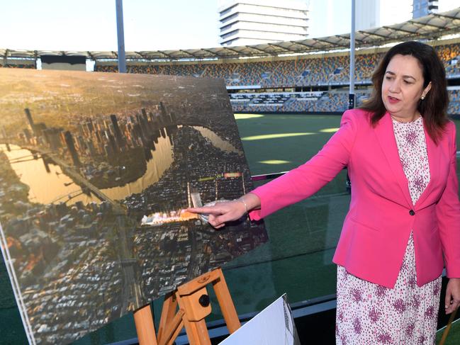 BRISBANE, AUSTRALIA - NewsWire Photos - APRIL 20, 2021. Premier Annastacia Palaszczuk looks at artist impressions before a press conference at the Gabba in Brisbane. The government announced a complete rebuild of the Gabba, being the proposed main stadium should Queensland host the 2032 Olympic and Paralympic Games.Picture: NCA NewsWire / Dan Peled
