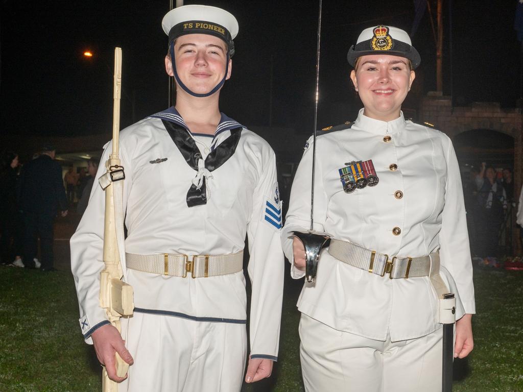 Cadet warrent officer Ela Brennan and Cadet leading seaman Noah Kehoe 5am ANZAC Day Walkerston Friday 25 April 2025 Picture:Michaela Harlow