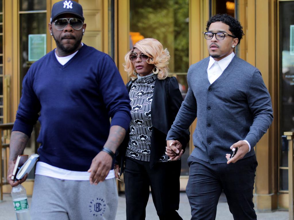 Diddy’s mum Janice Combs (C), and son Justin Combs (R) depart federal court in Manhattan during a break in the sex trafficking trial in New York City. Picture: AFP
