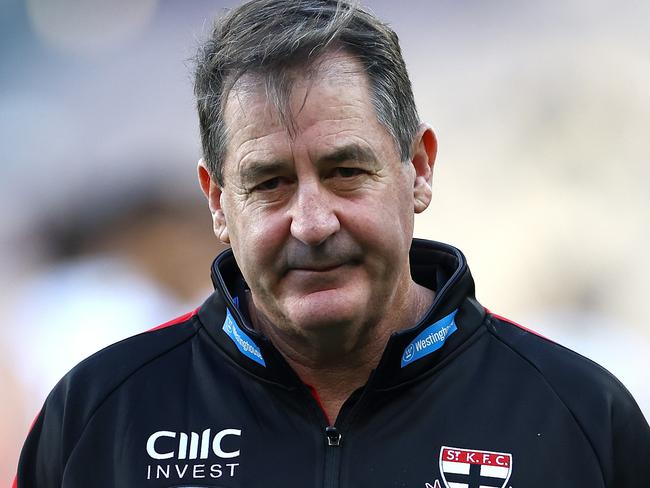 MELBOURNE, AUSTRALIA – MAY 26: Ross Lyon, Senior Coach of the Saints looks on during the round 11 AFL match between Narrm (the Melbourne Demons) v Euro-Yroke (the St Kilda Saints) at Melbourne Cricket Ground, on May 26, 2024, in Melbourne, Australia. (Photo by Quinn Rooney/Getty Images)