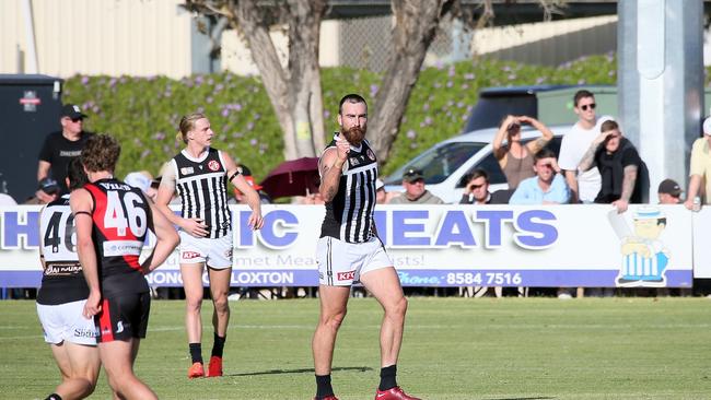 Charlie Dixon celebrates a goal for the Power’s SANFL sid.e Picture: Peter Argent