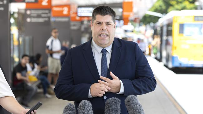 Minister for Transport and Main Roads Brent Mickelberg speaks to the media at South Brisbane on Monday. Picture: Richard Walker