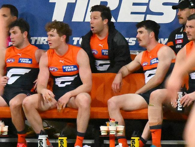 The Giants had the luxury of subbing skipper Toby Greene early in their demolition of the Bombers. Picture: Morgan Hancock/AFL Photos via Getty Images