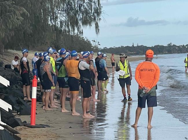 Athletes at the starting line of the Hervey Bay 100 Triathlon on Sunday, November 26, 2023.