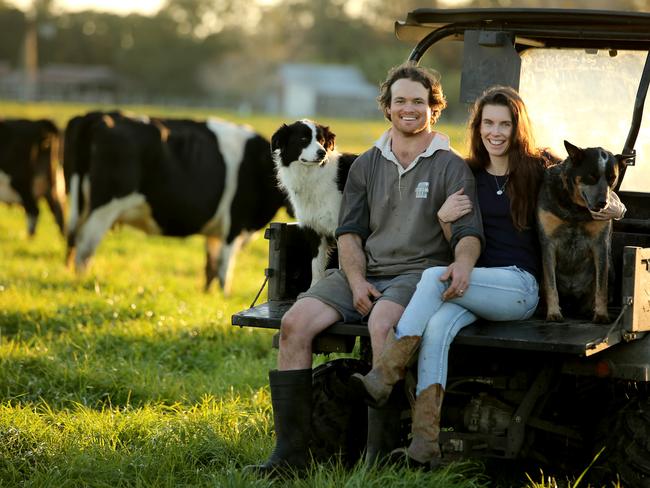 Dairy farmer. Sam and Rachel Nicholson on their dairy farm at Jones Island near Taree on the NSW mid-north coast. Picture: Nathan Edwards