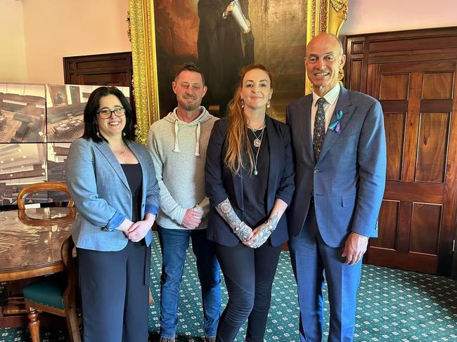 From left, Shadow Attorney-General Ella Haddad, Faith Tkalac’s husband Guido Tkalac, Faith Tkalac, and Attorney-General Guy Barnett at state parliament.