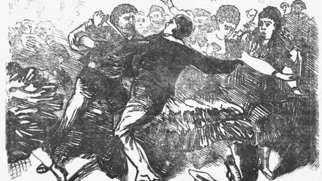 A front page drawing of a brawl, titled ‘Another Stabbing Case’, from The Citizen newspaper on October 13, 1877. Picture: National Library of Australia