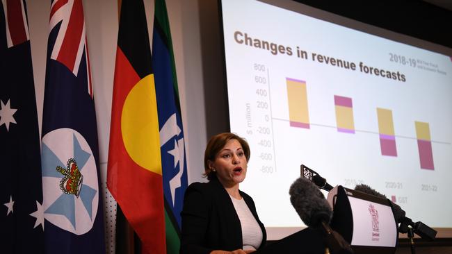 Queensland Treasurer Jackie Trad delivers the MYFER. Picture: AAP/Dan Peled