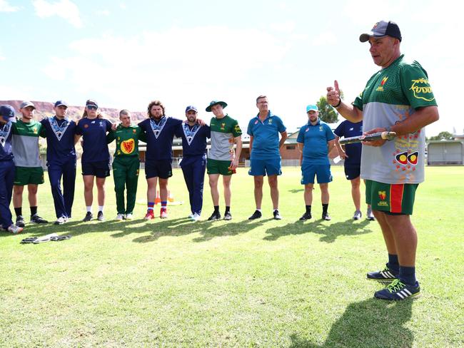 Guy Grey speaks before the Victoria and Tasmania clash at the 2023 National Indigenous Championships at Albrecht Oval in February 2023. Picture: Chris Hyde/Cricket Australia via Getty Images