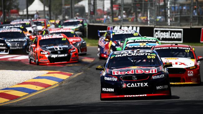 Jamie Whincup leads the pack in the Clipsal 500 in Adelaide in 2016. Picture: Tim Hunter.