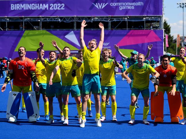 Australia celebrates its men’s hockey gold medal in 2022. The Kookaburras have dominated the event, winning every gold on offer since 1998. Picture: Getty Images