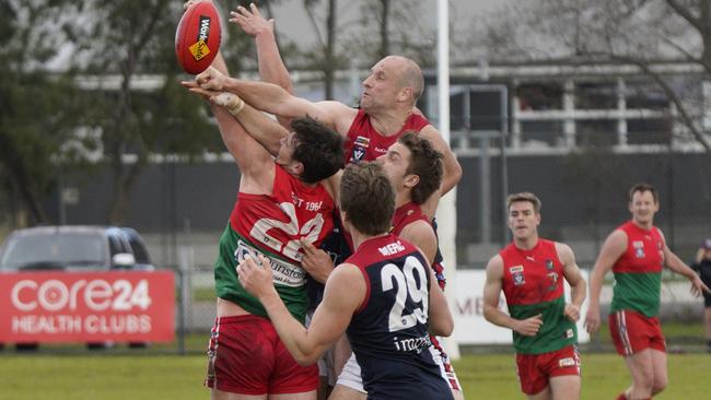 MPNFL: Pines’ Russell Gabriel spoils the ball. Picture: Valeriu Campan