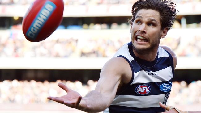 Tom Hawkins’ new roaming role has helped rejuvenate the big forward — and the Cats. Picture: Jake Nowakowski