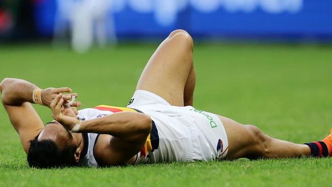 PERTH, WESTERN AUSTRALIA - JUNE 10:  Eddie Betts of the Crows reacts after the teams defeat during the round 12 AFL match between the Fremantle Dockers and the Adelaide Crows at Optus Stadium on June 10, 2018 in Perth, Australia.  (Photo by Will Russell/AFL Media/Getty Images)