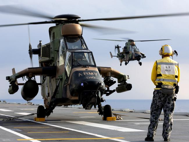 An Australian Army ARH Tiger Armed Reconnaissance Helicopters on board HMAS Canberra.