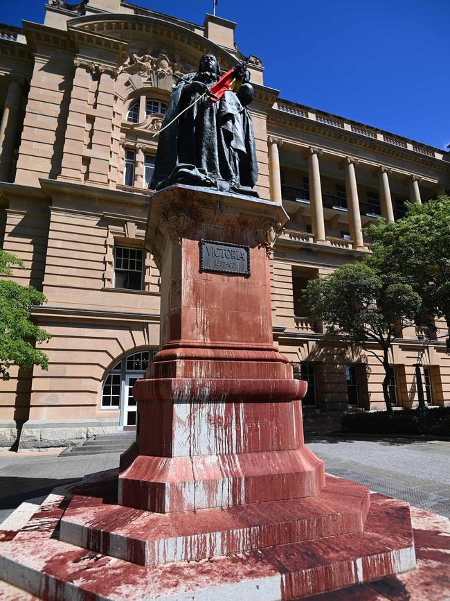 A Queen Victoria statue is seen after it was vandalised with red paint. Picture: NCA NewsWire / Dan Peled