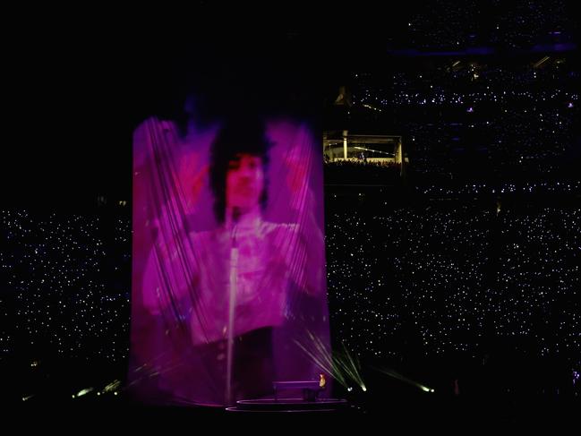 A projection of Prince is shown during the Pepsi Super Bowl LII Halftime Show at U.S. Bank Stadium on February 4, 2018 in Minneapolis, Minnesota. Picture: Getty Images