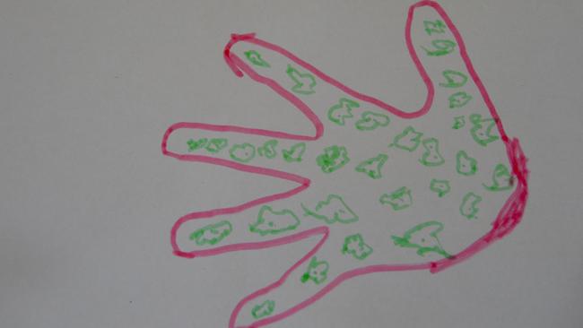 Child’s-eye view: ‘Here is my hand covered in germs’.