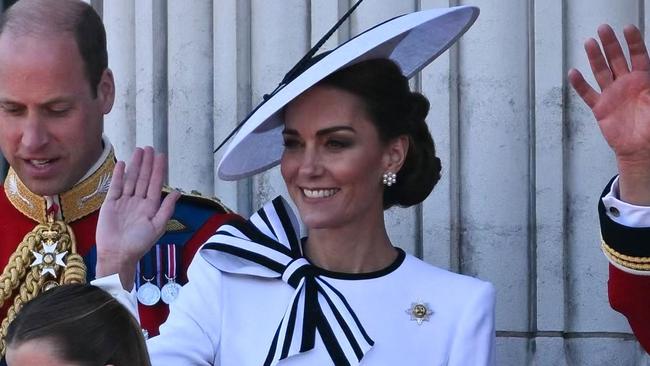 (From L) Britain's Prince George of Wales, Britain's Prince Louis of Wales, Britain's Prince William, Prince of Wales, Britain's Princess Charlotte of Wales, Britain's Catherine, Princess of Wales, Britain's King Charles III and Britain's Queen Camilla wave from the balcony of Buckingham Palace after attending the King's Birthday Parade, "Trooping the Colour", in London, on June 15, 2024. The ceremony of Trooping the Colour is believed to have first been performed during the reign of King Charles II. Since 1748, the Trooping of the Colour has marked the official birthday of the British Sovereign. Over 1500 parading soldiers and almost 300 horses take part in the event. (Photo by JUSTIN TALLIS / AFP)