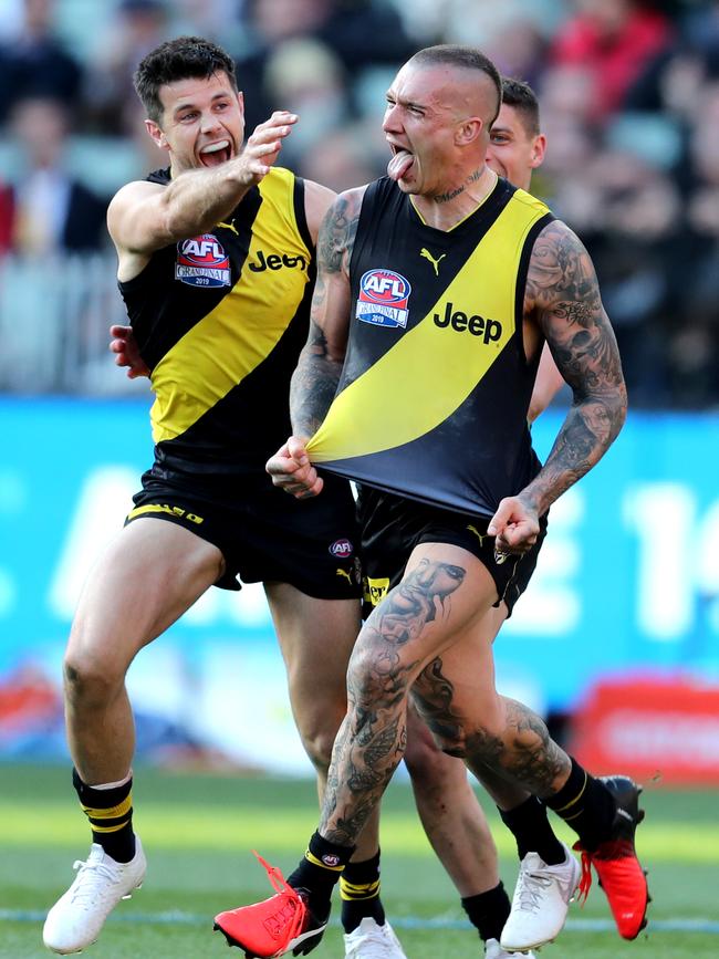 Dustin Martin celebrates one of his four goals. Picture: Michael Klein