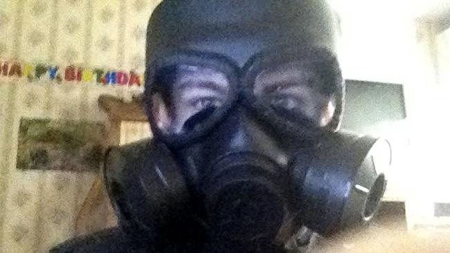 Bryer Schmegelsky pictured wearing a gas mask. Picture: Supplied