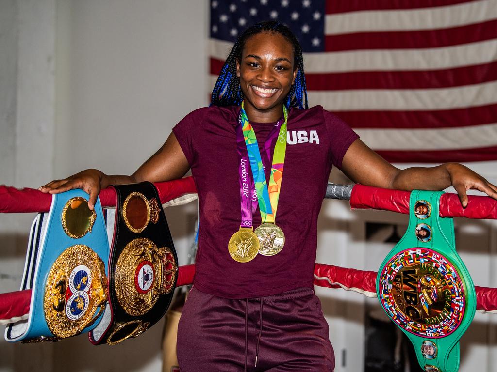 Claressa Shields shows off her array of titles. Picture: Mark Brown/Getty Images.