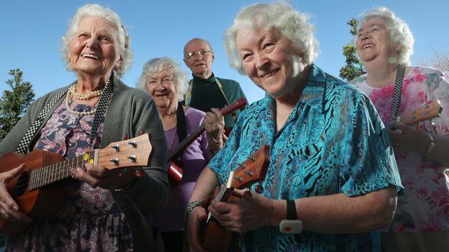 Mavis Mottlee, 83, Gloria Higgins, 88, Bert Higgins, 89, Maureen Taylor, 80, and Gwen Hooper, 81, rehearsing during ukulele music class at Seasons residential aged care facility, Waterford West. Picture: Liam Kidston.