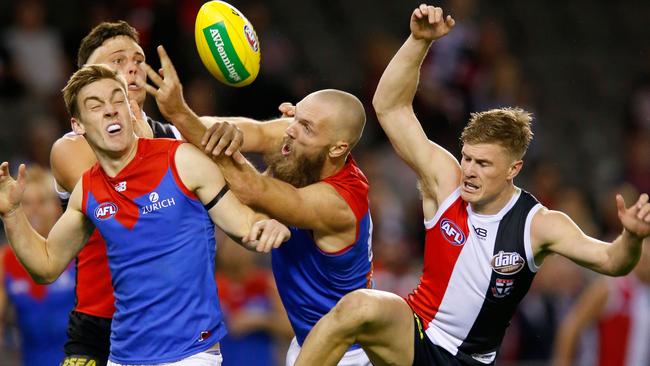 Max Gawn of the Demons attempts to mark against the Saints. Picture: Darrian Traynor/AFL Media/Getty Images