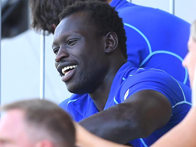 MELBOURNE, AUSTRALIA - MARCH 02: Majak Daw of the Kangaroos talks to fans in the crowd during the 2019 JLT Community Series AFL match between the North Melbourne Kangaroos and the St Kilda Saints at Avalon Airport Oval on March 02, 2019 in Melbourne, Australia. (Photo by Quinn Rooney/Getty Images)