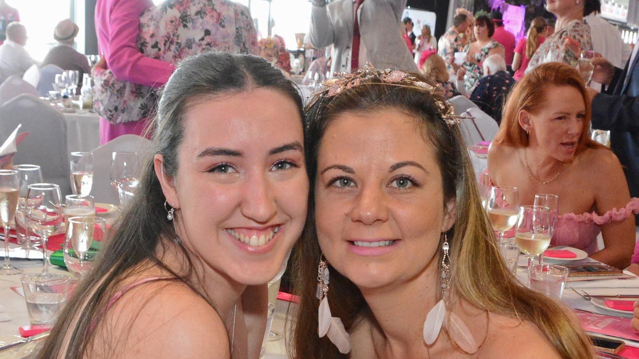 Ella Clark and Renee Tocco at Pink Ribbon Race Day in the Events Centre, GCTC Bundall. Pic: Regina King