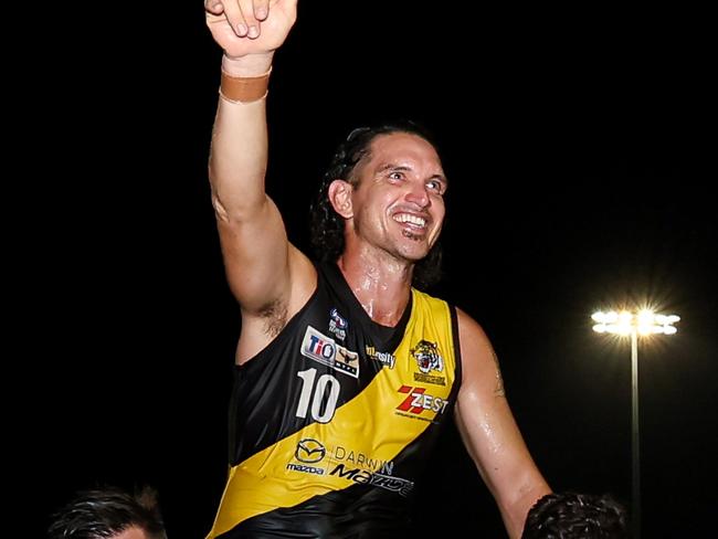 Cam Ilett is carried off after his last game for the Nightcliff Tigers at Nightcliff Oval in Round 18 of the 2024-25 NTFL season. Picture: Celina Whan / AFLNT Media