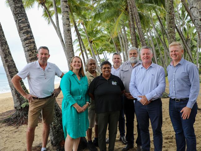 Barron River MP Craig Crawford, Senator Nita Green,  CEO of Voyages Indigenous Tourism Australia Matt  Cameron-Smith, Minister of Tourism Michael Healy and Director of Independent Indigenous Tourism Operators of Queensland Linc Walker join Indigenous Tourism Operators in Palm Cove. Photo: Supplied