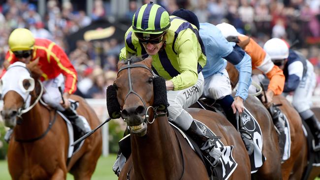 Mark Zahra guides Ventura Storm to victory in the Moonee Valley Gold Cup. Picture: Nicole Garmston