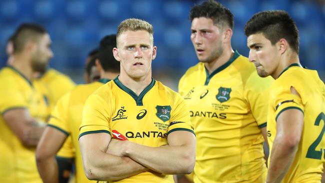 Reece Hodge and the Wallabies look on after losing The Rugby Championship match to the Pumas.