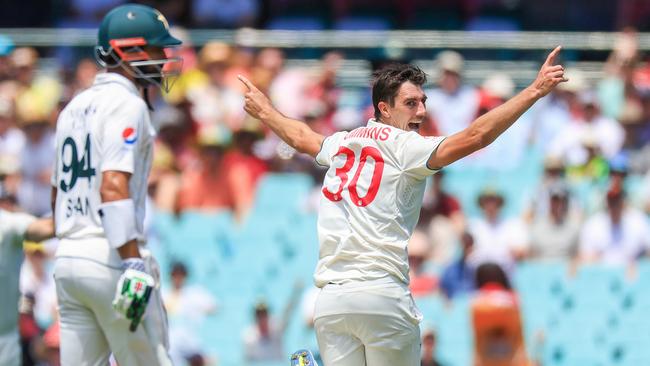 Cummins at the double – the Australian skipper celebrates the wicket of Saud Shakeel. Picture: Getty