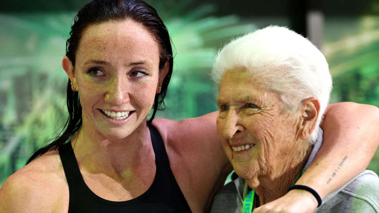 Lani Pallister (left) celebrates her Olympic qualification with her godmother and Olympic swimming legend Dawn Fraser. Picture: AFP