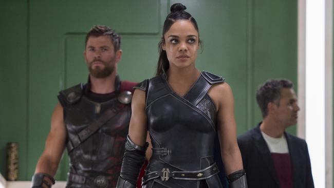 Tessa Thompson as Valkyrie with Chris Hemsworth’s Thor and Mark Ruffalo’s Bruce Banner/Hulk in a scene from Thor: Ragnarok.