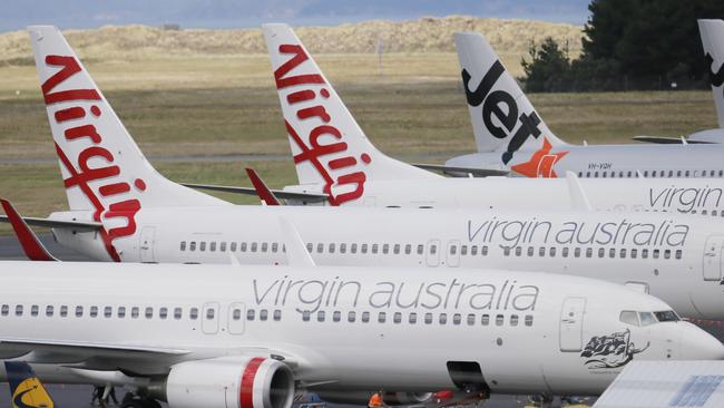 Two Virgin flights clipped wings while they were taxiing at Hobart Airport this morning.  Pictured are the Virgin planes in question at the airport.Picture:  MATT THOMPSON