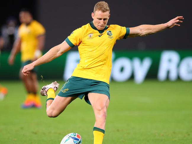 Reece Hodge kicks for goal against Fiji. Picture: Getty Images