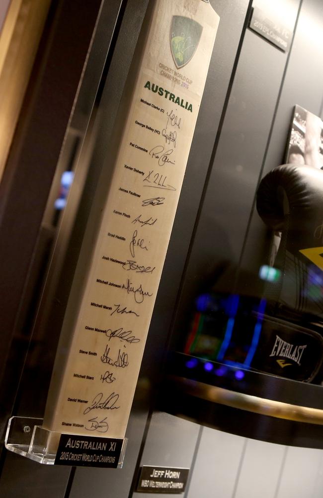 The LiveWire Bar has memorabilia including a 2019 US Masters flag signed by Tiger Woods and an ice skate from Steven Bradbury’s 2002 Winter Olympics gold medal winning race. Picture: Steve Pohlner