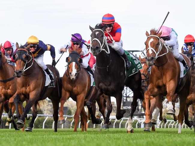 Verry Elleegant (NZ) ridden by Mark Zahra wins the TAB Turnbull Stakes , at Flemington Racecourse on October 03, 2020 in Flemington, Australia. (Pat Scala/Racing Photos via Getty Images)