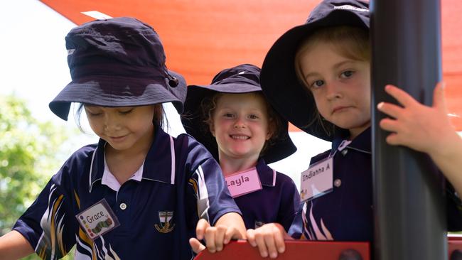 Grace Rosss, Layla Leddy and Indianna Andreassen at Victory College's first day of class. January 22,2024. Picture: Christine Schindler