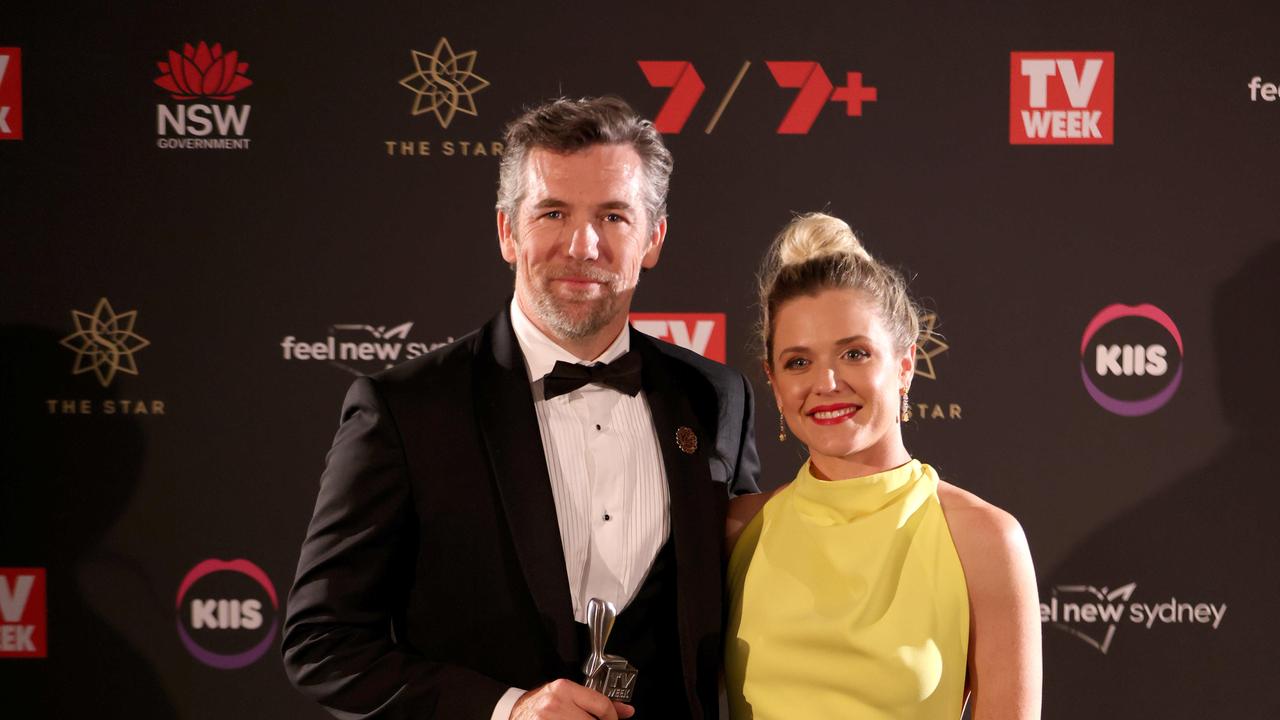 Patrick Brammall and Harriet Dyer pictured with a Logie that their show won at the 63rd Logie awards at the Star in Pyrmont. Picture: Damian Shaw